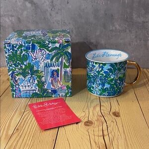 Lilly Pulitzer Let’s Flamingle Mug Aquamarine Pink Gold Handle Flamingos